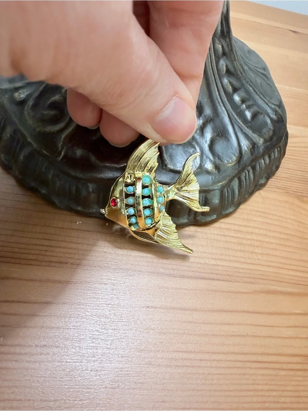 Vintage Gold Fish Pin with Turquoise and Red Accents